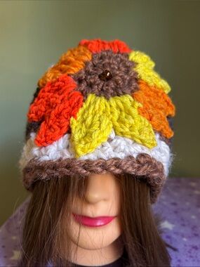 Handcrafted large Sunflower Crochet Beanie - thick acrylic new